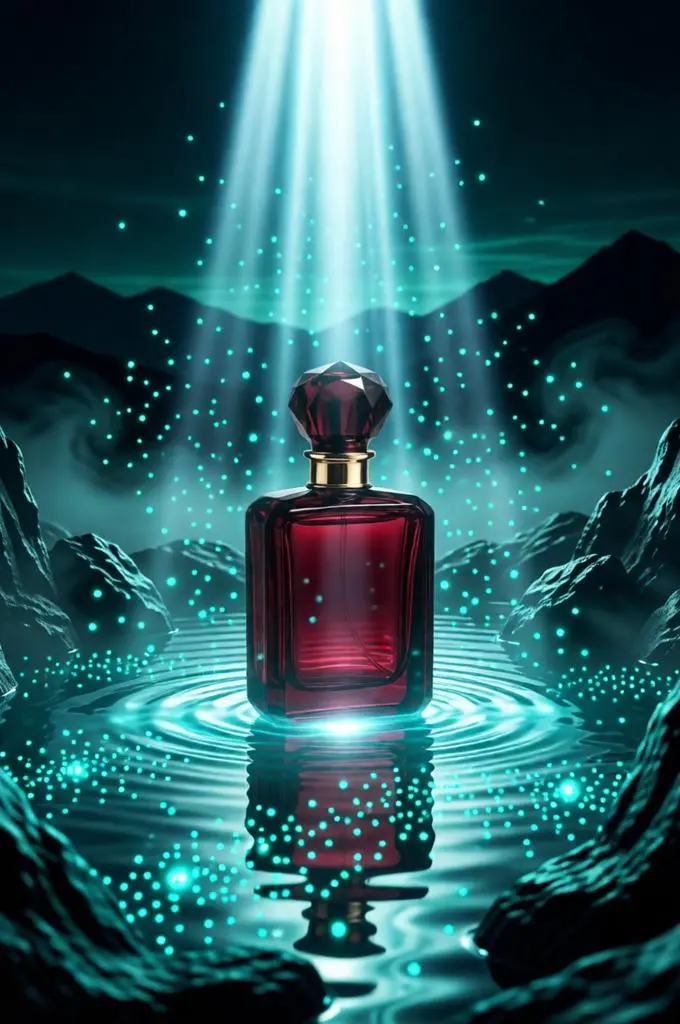 Fantasy perfume bottle glowing in a mystical water pool with blue light beams and sparkling particles.
