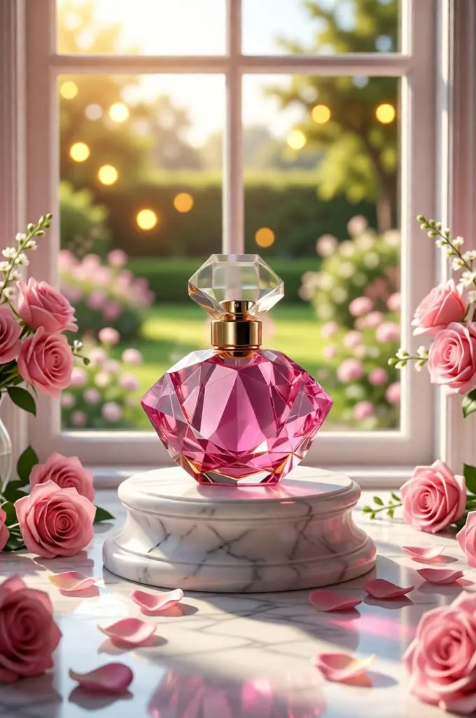 Perfume bottle with soft pink roses and petals beside a large window in a bright luxury interior.