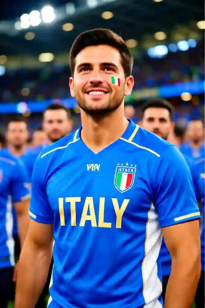 Italy football fan in a blue jersey at a stadium.