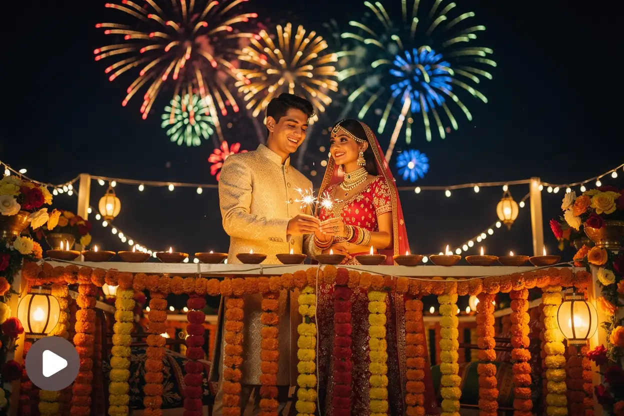Couple in traditional outfits celebrating Diwali with sparklers, diyas, and fireworks.
