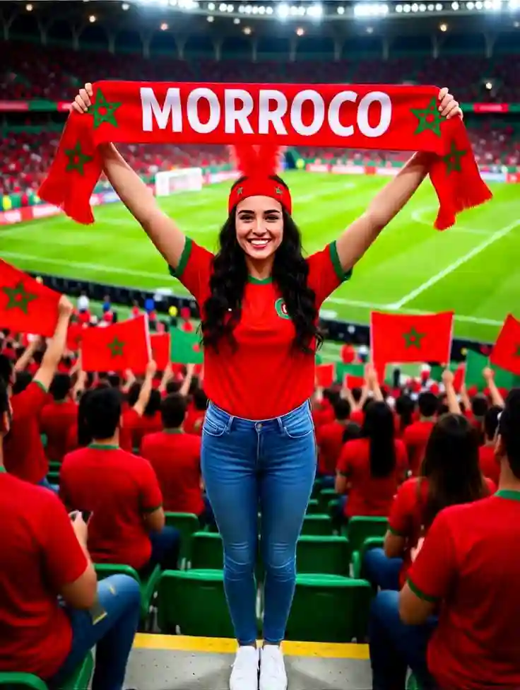 Moroccan woman celebrating with a supporter's scarf.