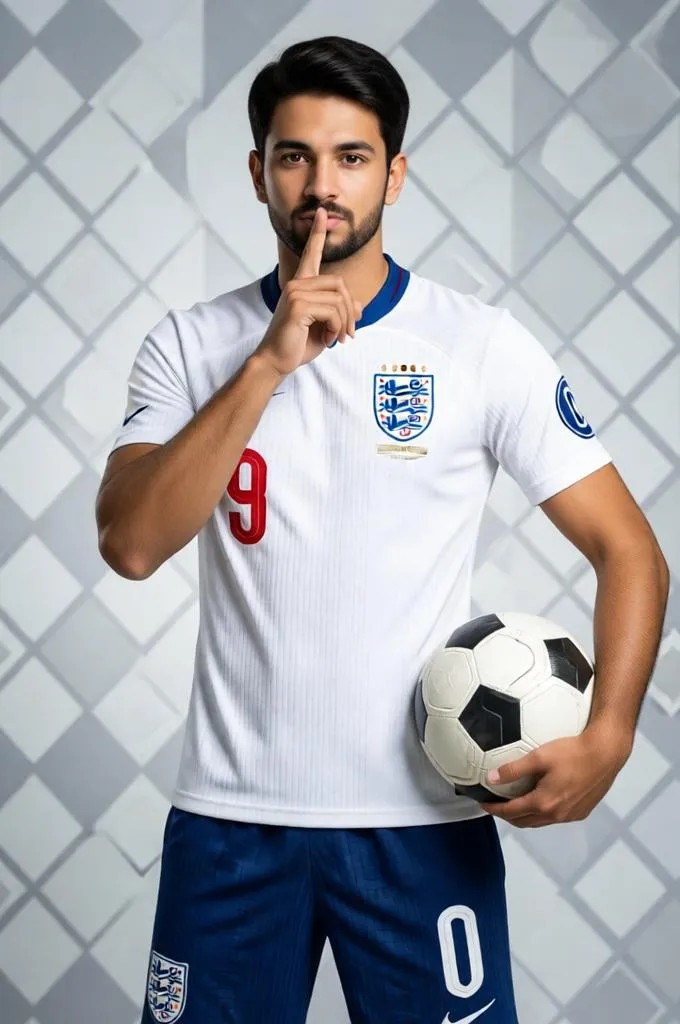 English footballer making a shush gesture while holding a football in a studio portrait.