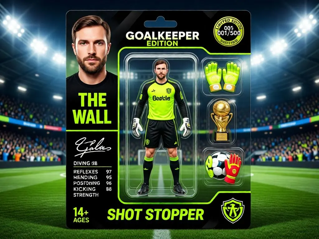 Goalkeeper action figure with gloves and a trophy in collector's box.