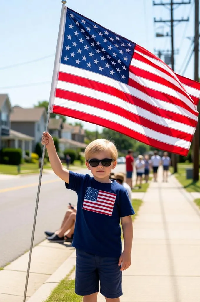 A young boy proudly waving an American flag outdoors.