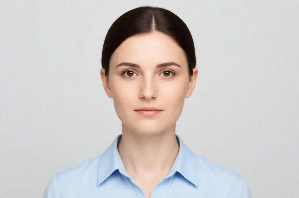 Adult woman with tied-back dark brown hair wearing a light blue shirt, looking directly at the camera in a passport-style portrait.