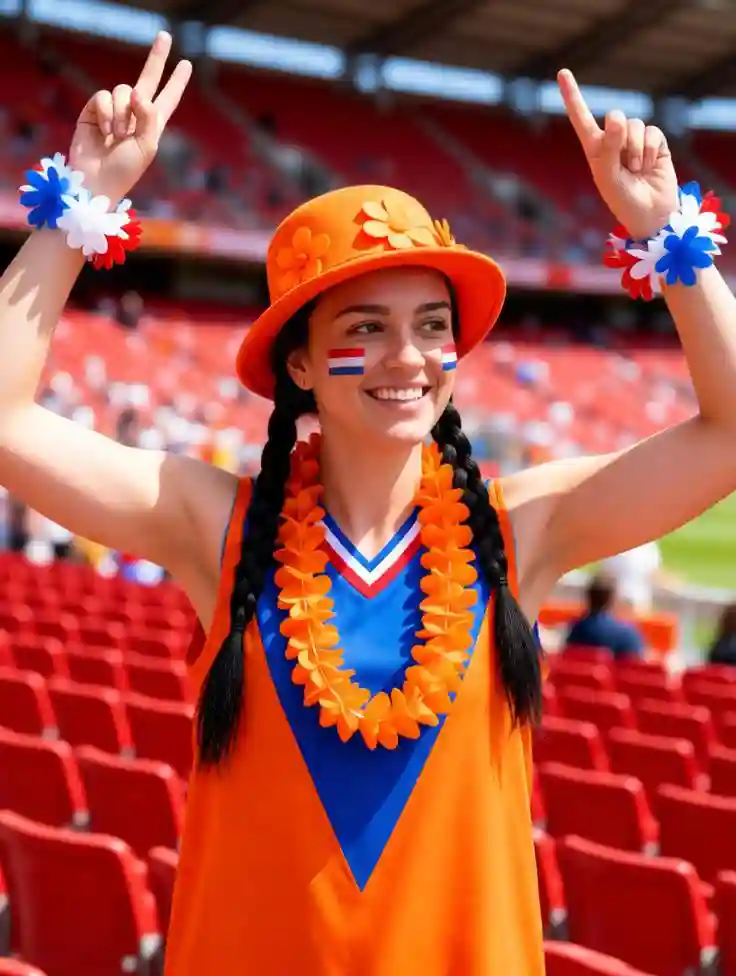 Dutch football supporter celebrating in orange attire.