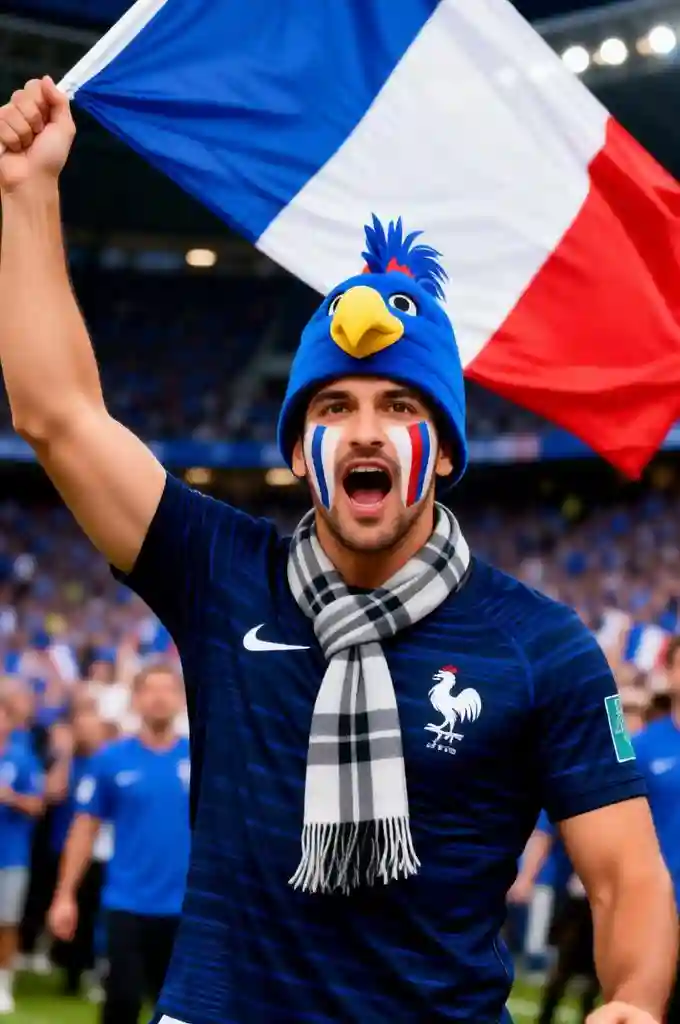 France football fan cheering in a packed stadium.