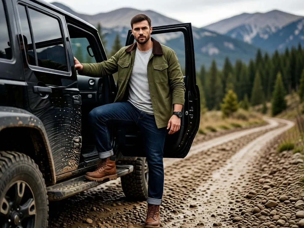 Rugged man in a field jacket stepping out of an SUV.