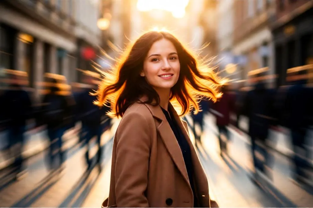 Woman with wind-blown hair and motion blur.