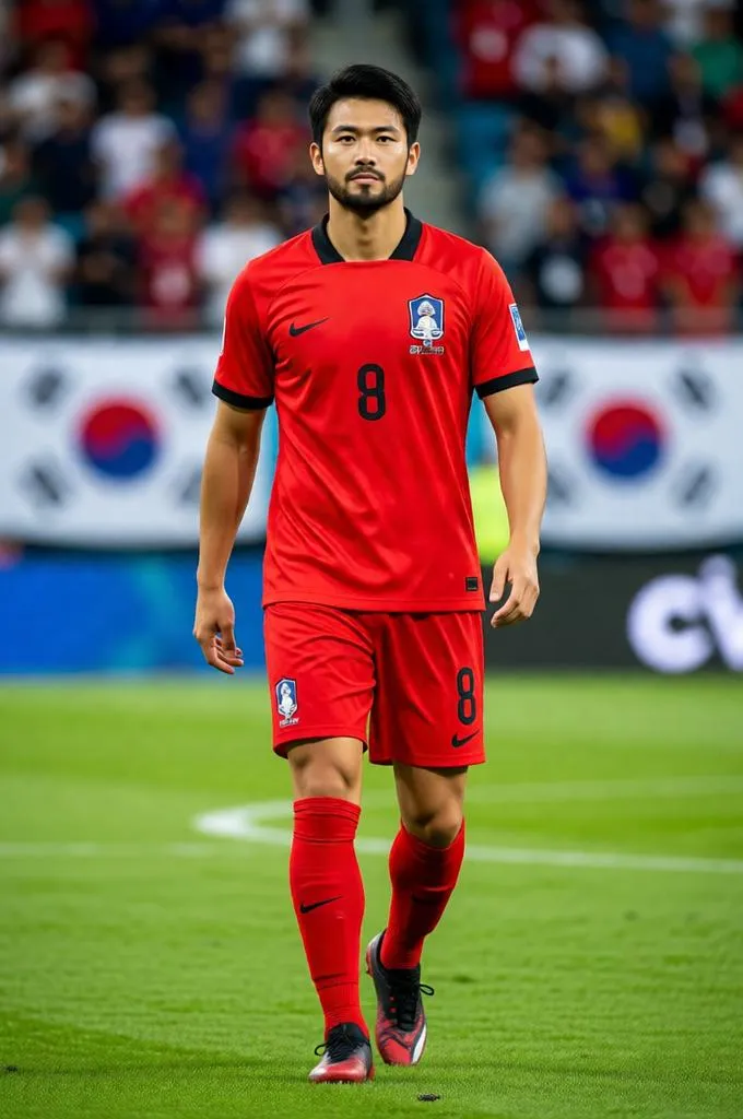 South Korean footballer walking confidently on the pitch during a match.