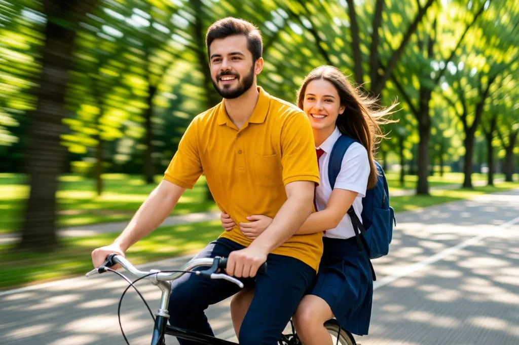 A teen couple cycling with motion blur.