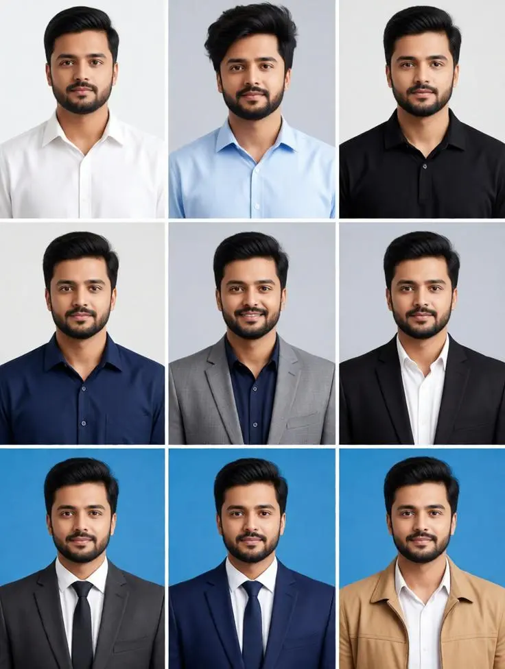 Printable 3×3 grid of nine passport photos of the same man wearing different formal outfits and backgrounds.