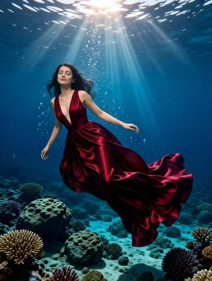 Woman in a red gown above the ocean floor.