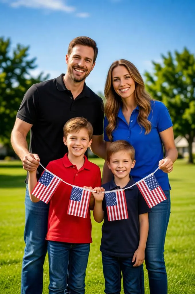Family holding patriotic flags during a 4th of July celebration.