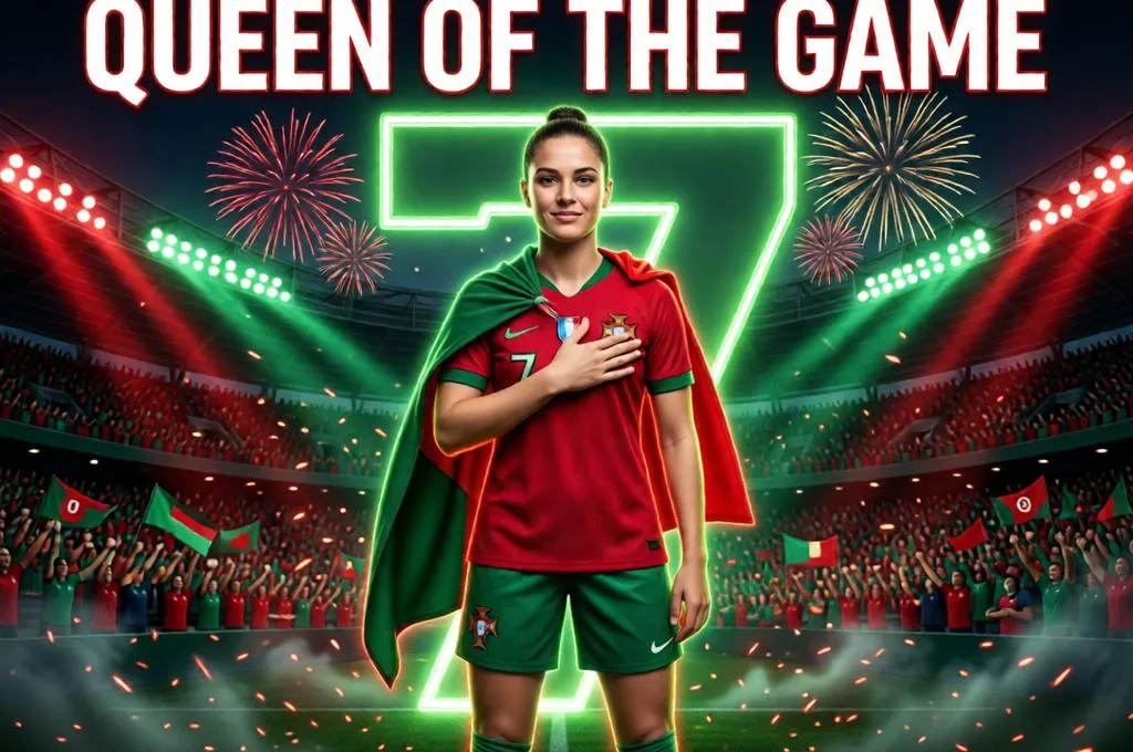 Portugal women's football player with flag and stadium background.