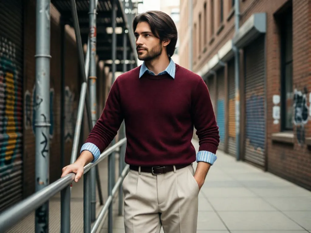 A man in a burgundy sweater and beige trousers in an urban alley.