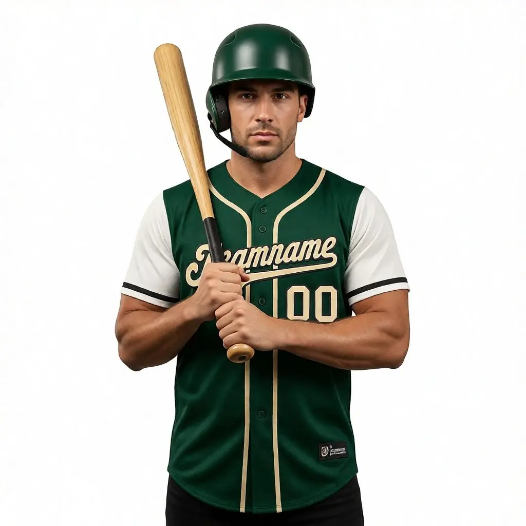 Baseball player wearing a custom button-up baseball jersey mockup while holding a bat in a studio.