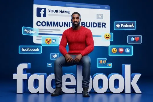 A Facebook-inspired 3D avatar sitting on the Facebook logo surrounded by community groups, reactions, and social networking elements.