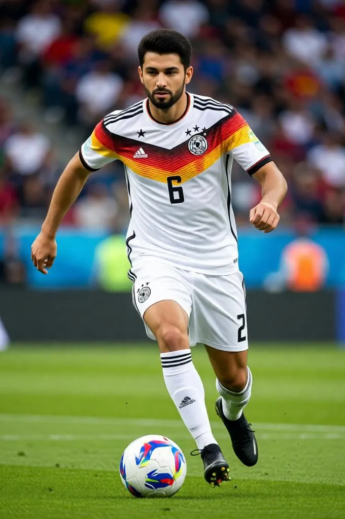 German footballer dribbling a ball during a match in a packed stadium.