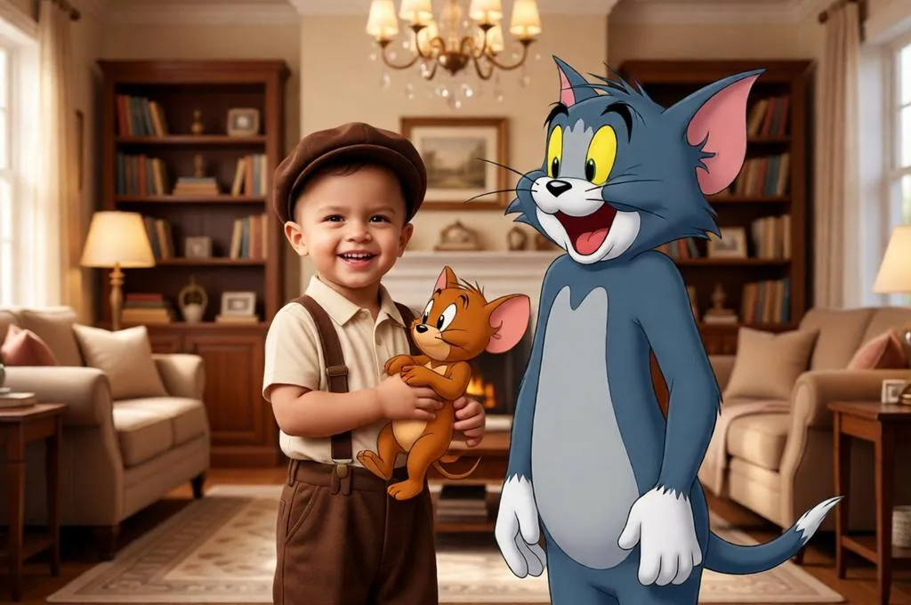 A young boy holding Jerry while standing beside Tom indoors.