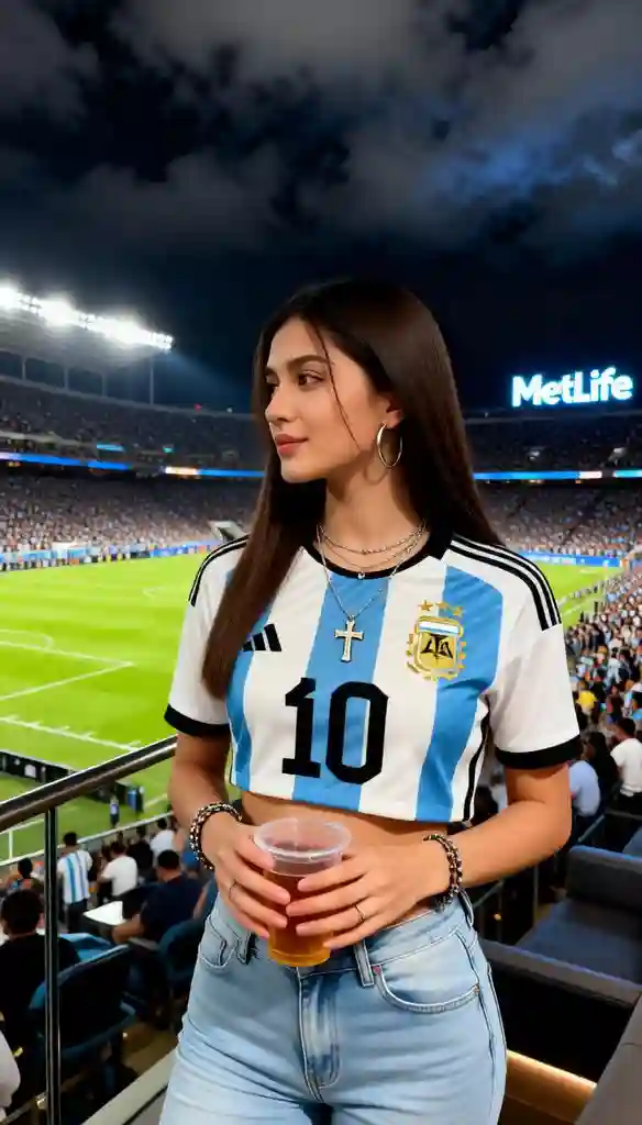 An Argentine woman football fan in the VIP stadium section.