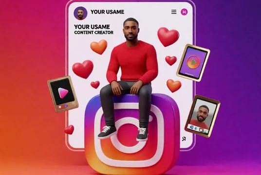 A vibrant Instagram-inspired 3D creator avatar sitting on the Instagram logo surrounded by hearts, reels, and colorful social media elements.