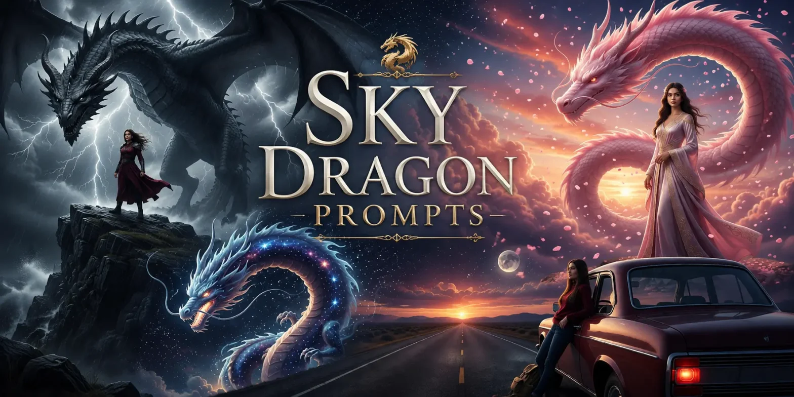Collection of cinematic fantasy portraits featuring colossal dragons formed from clouds, storms, moonlight, mist, and sunsets integrated into realistic atmospheric landscapes.