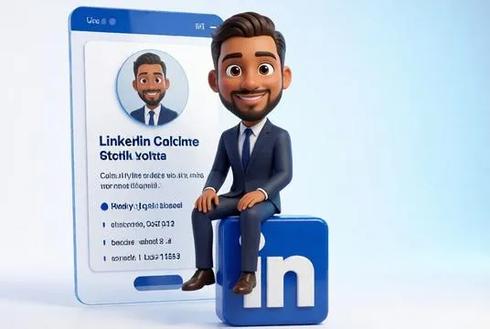 A Pixar-style 3D professional avatar sitting on a LinkedIn logo with a personalized profile card in a clean corporate blue workspace.