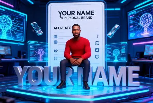 A futuristic Pixar-style 3D personal brand avatar seated on custom name lettering with holographic AI interfaces and professional branding elements.