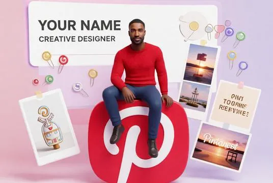 A creative Pinterest-themed 3D avatar surrounded by mood boards, inspiration pins, and aesthetic design elements in a pastel setting.