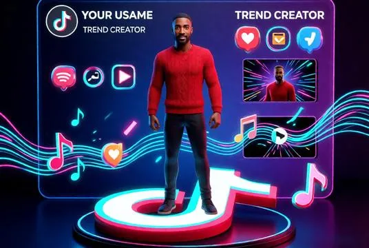 A dynamic TikTok-themed 3D avatar standing on the TikTok logo surrounded by neon effects, music waves, and trending content visuals.