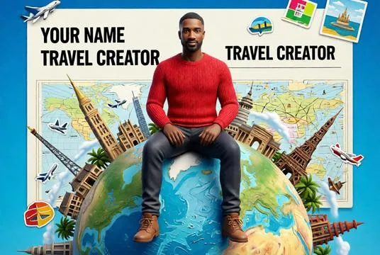 A travel-themed 3D creator avatar sitting on a globe surrounded by famous landmarks, maps, airplanes, and adventure-inspired visuals.