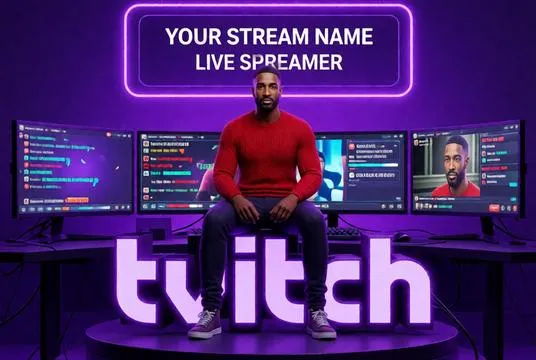 A gaming-themed 3D streamer avatar sitting on the Twitch logo with live chat windows, gaming monitors, and streaming overlays.