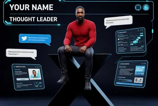 A modern 3D thought-leader avatar sitting on the X logo with floating tweets, discussion bubbles, and a sleek dark-themed interface.