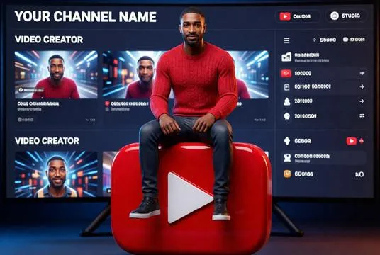 A cinematic 3D content creator avatar seated on a giant YouTube play button with a creator dashboard and video thumbnails in the background.