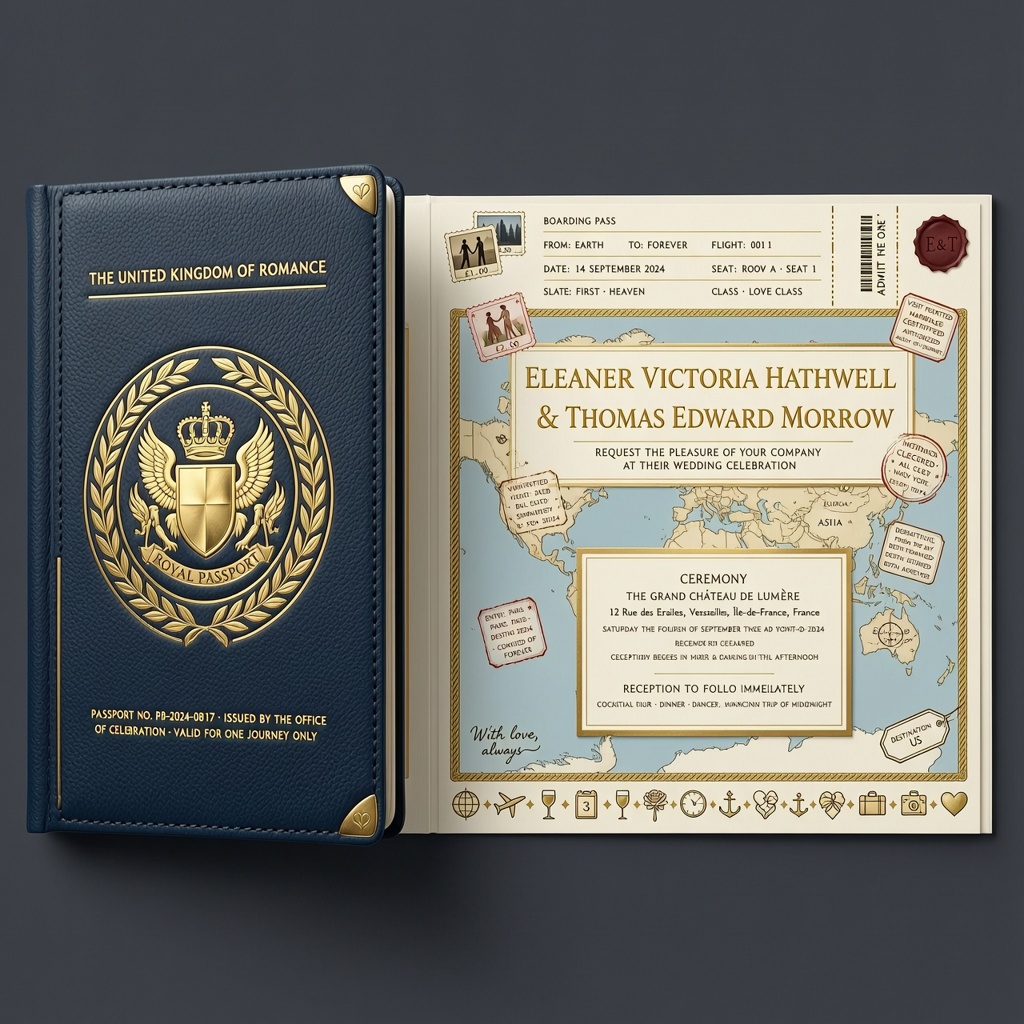 Luxury passport-themed wedding invitation with travel-inspired wedding details.