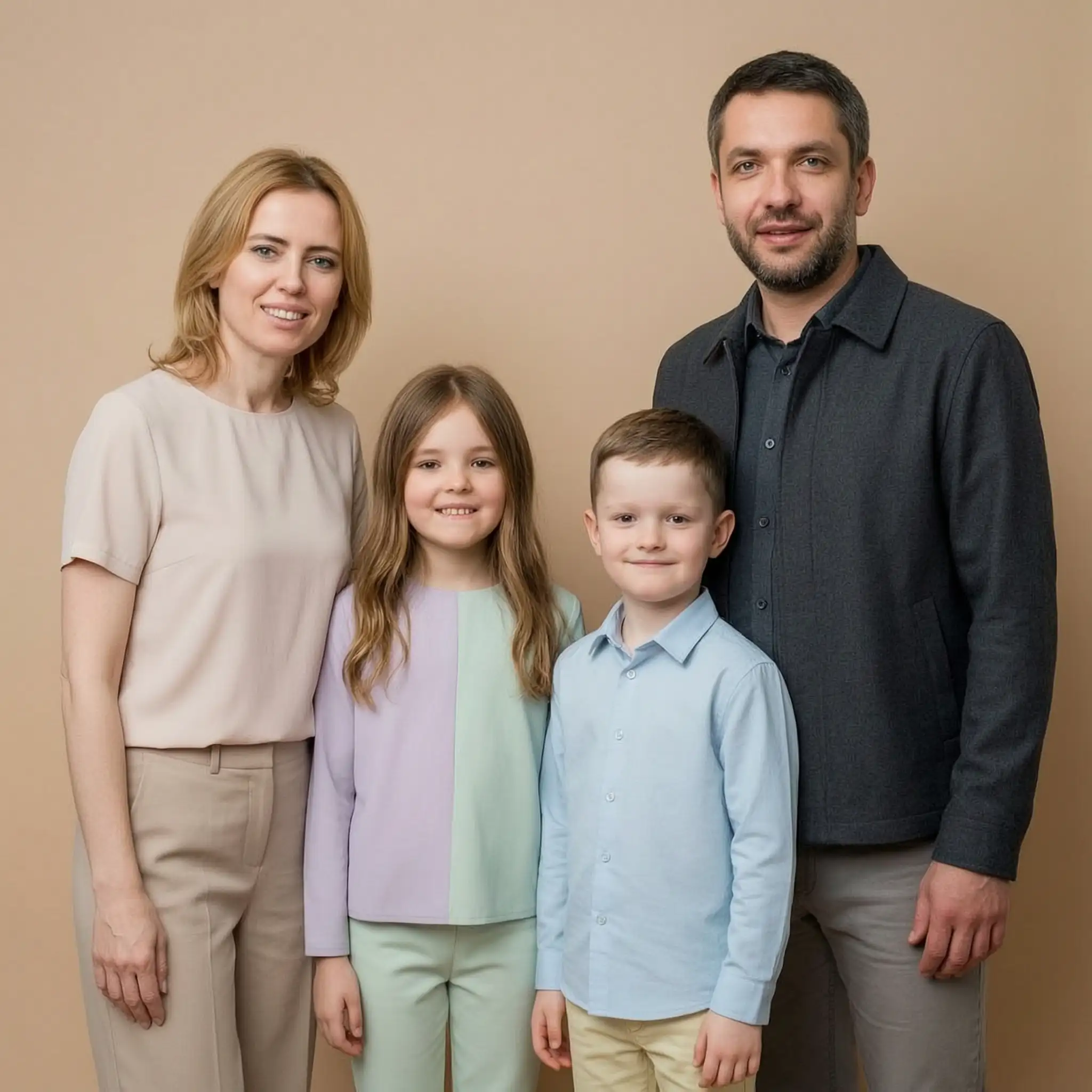 family of four people looking front side in pastel clothes