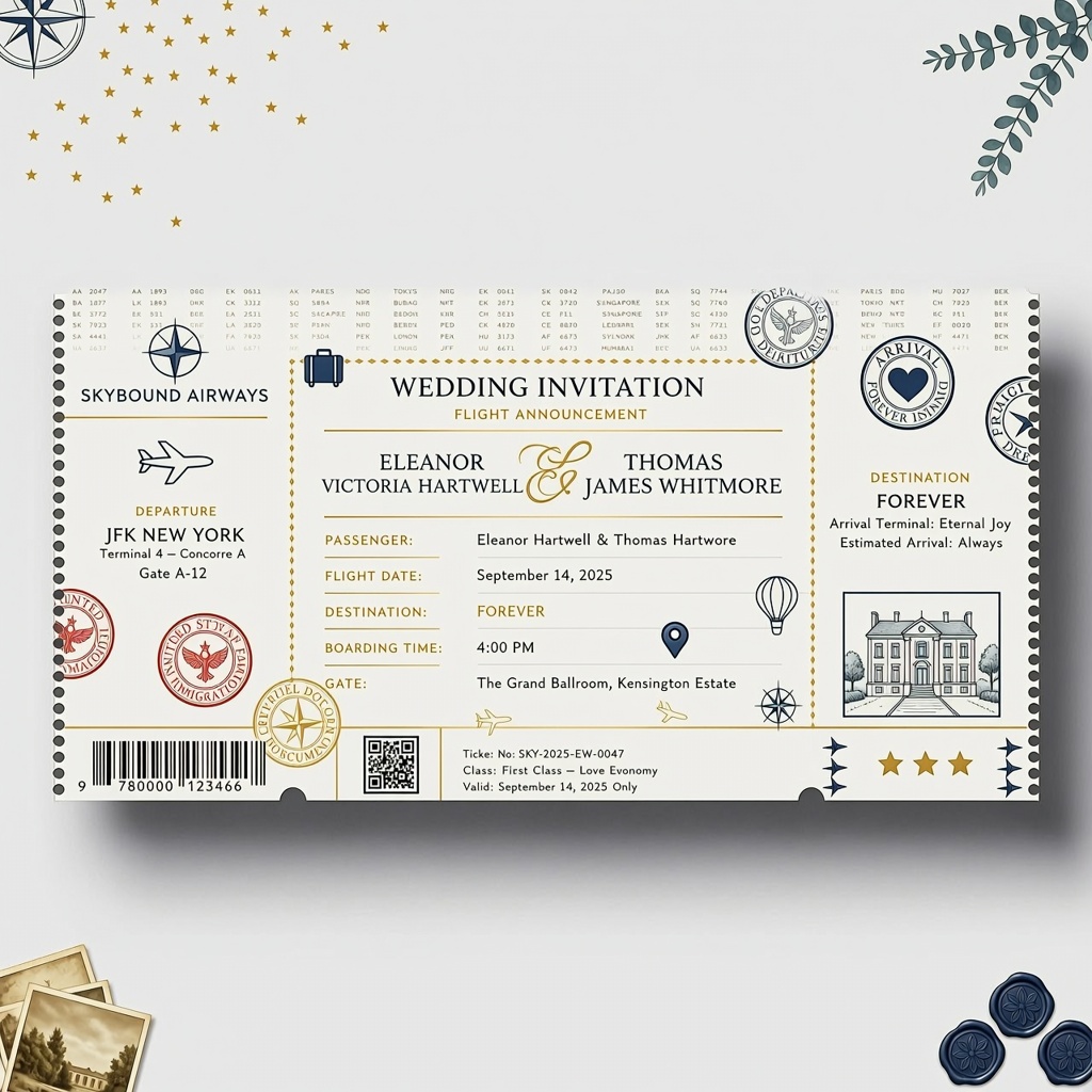 Airline boarding pass wedding invitation with realistic travel and flight details.