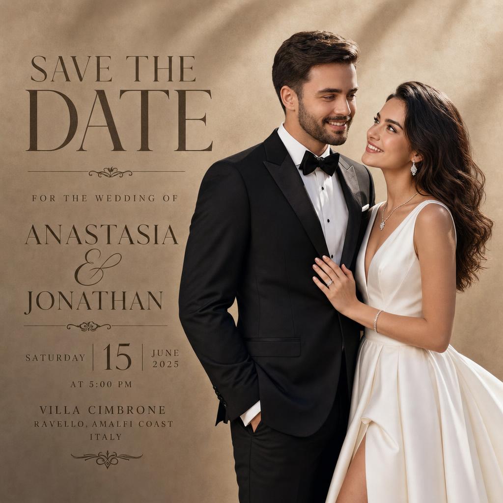 Luxury editorial save the date wedding invitation with an elegant couple in a studio setting.