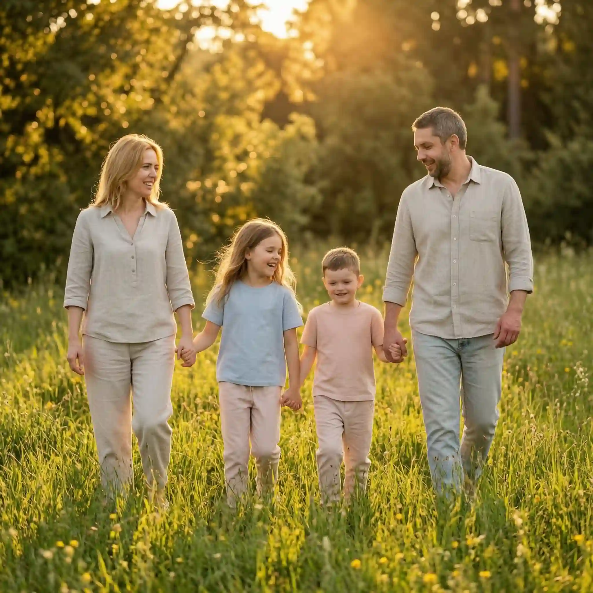 golden hour family image of four-person holding hand