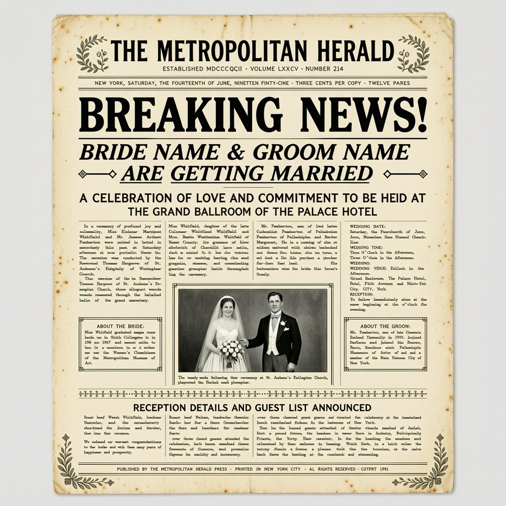 Vintage newspaper-style wedding announcement with a classic front-page design.