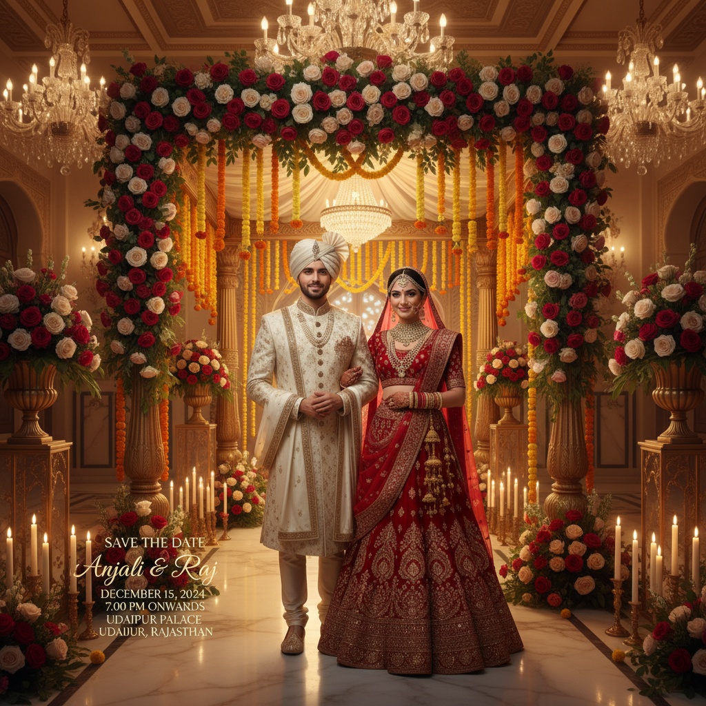 Royal palace wedding save the date invitation featuring a bride and groom in traditional attire.