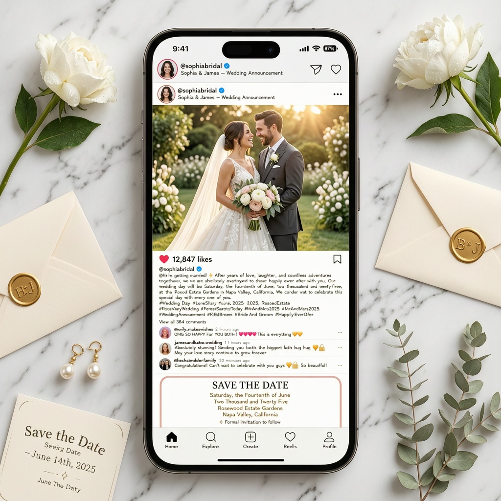 nstagram-style wedding announcement featuring a modern social media post design.