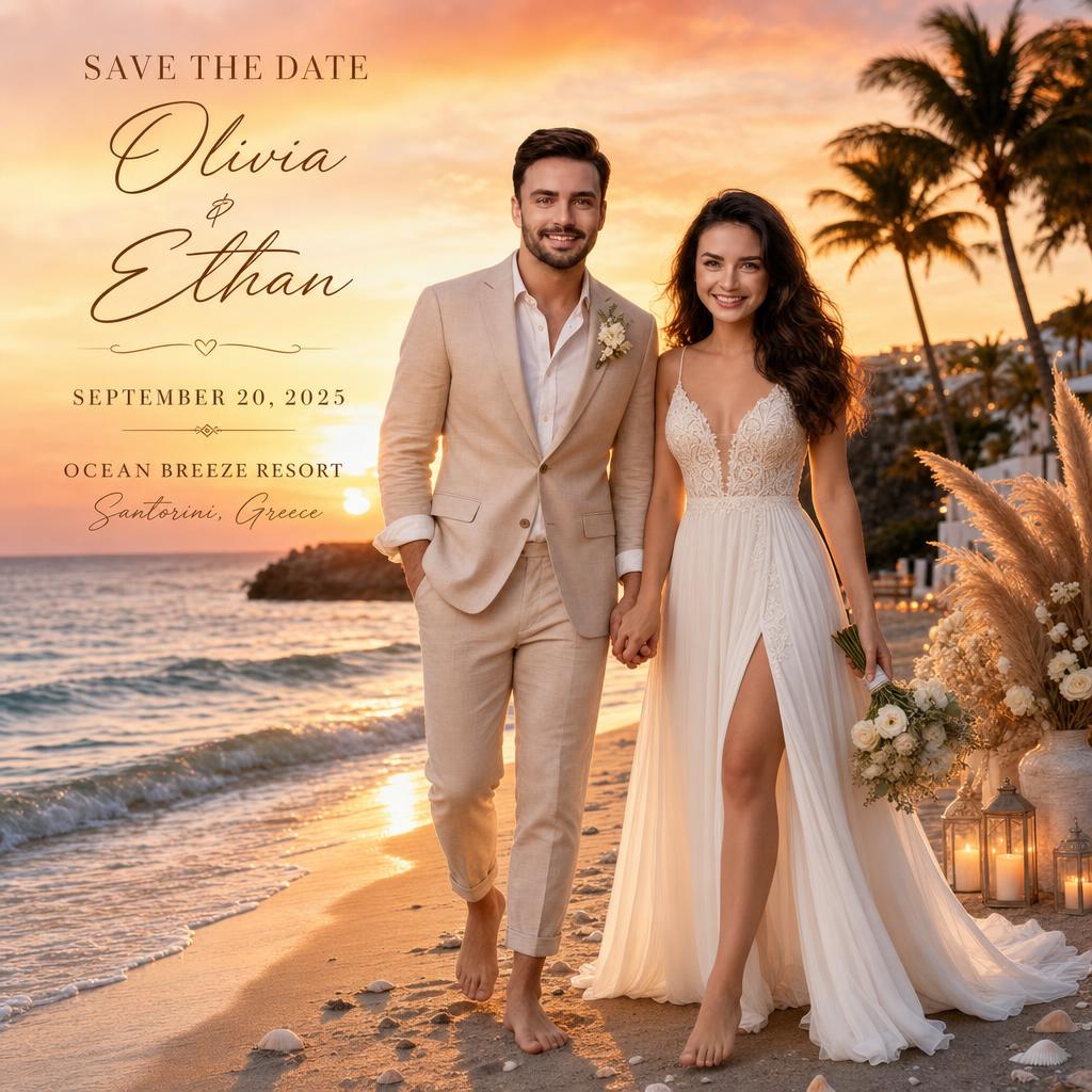 Beach sunset wedding save the date invitation with a couple walking along the shoreline.