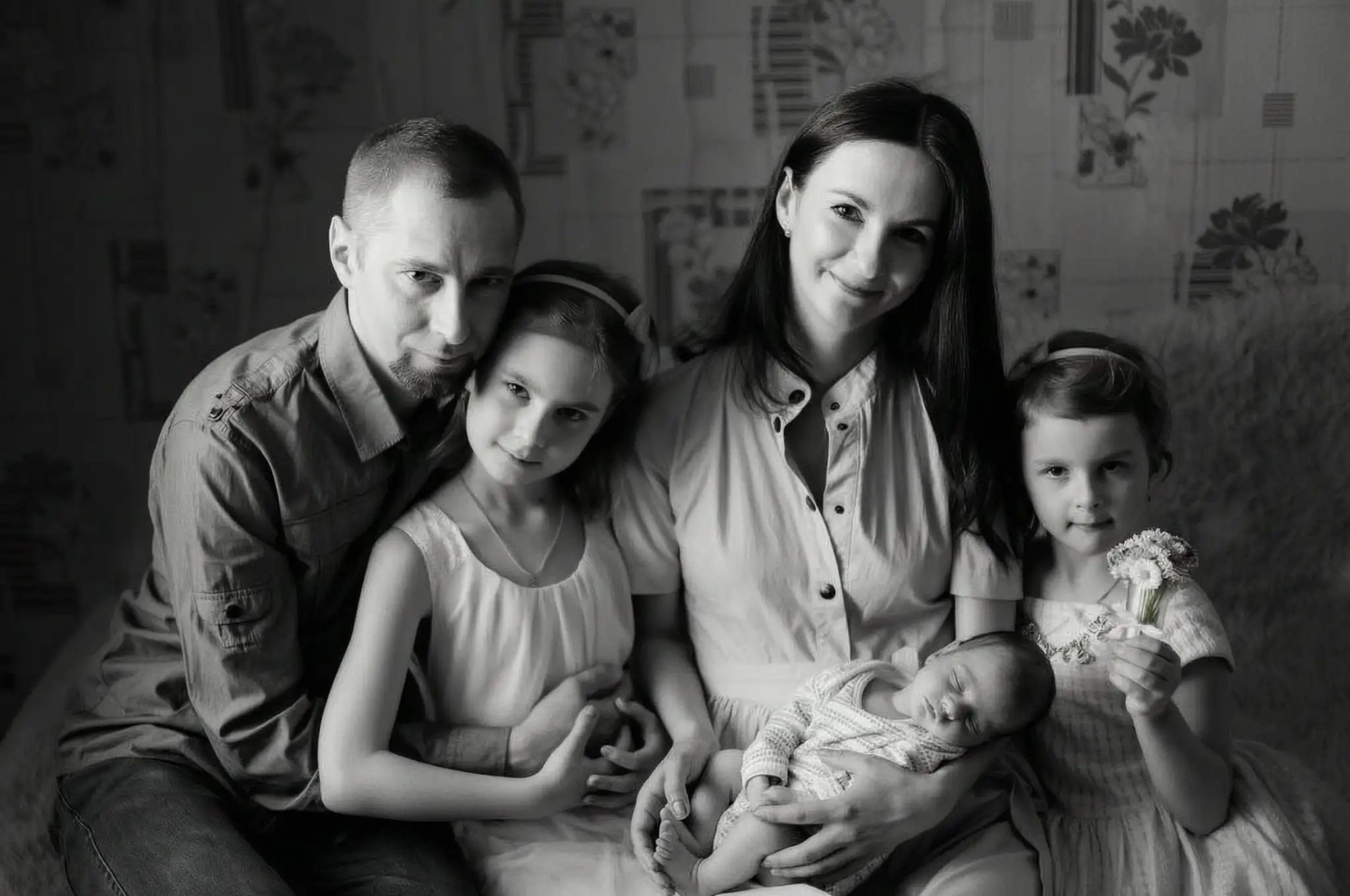 Dramatic Black & White image of family four people