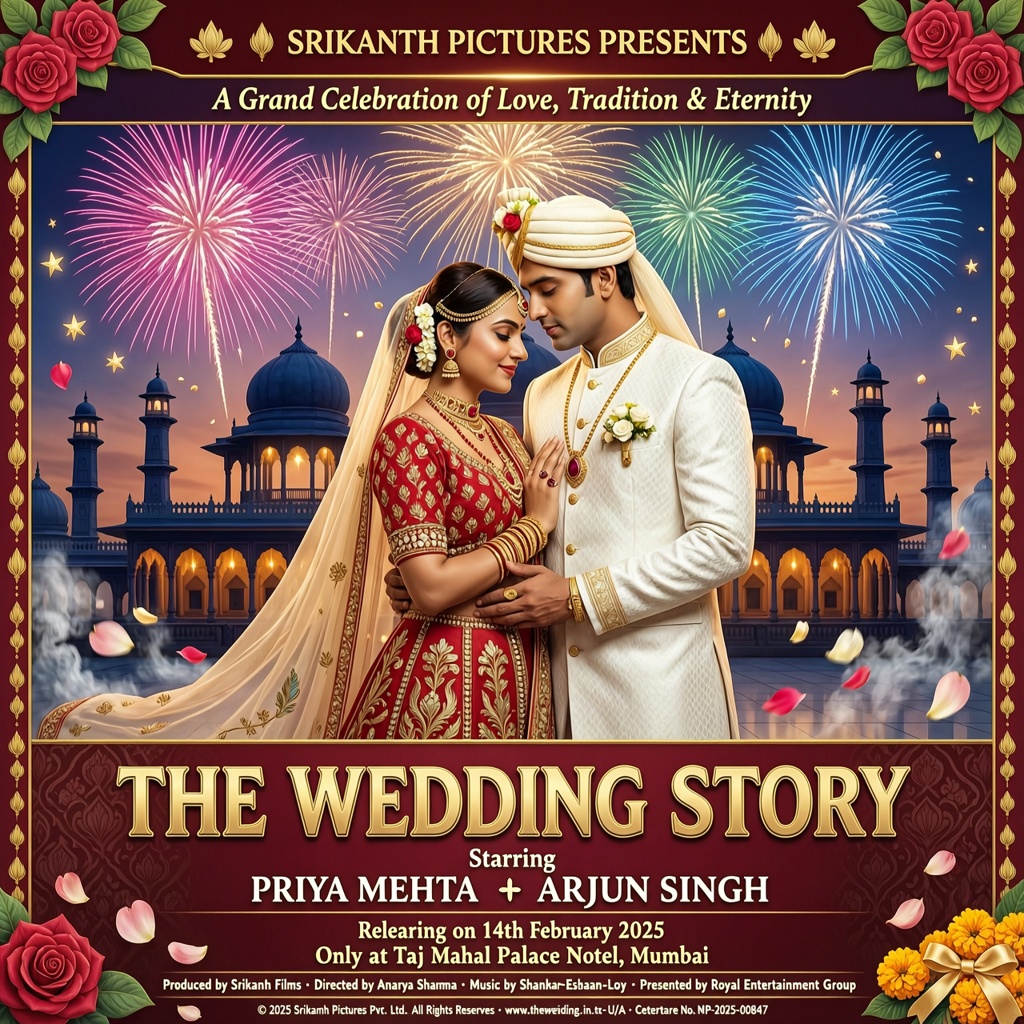 Cinematic Bollywood movie poster wedding invitation with a dramatic palace backdrop.