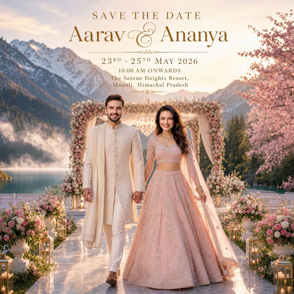 Mountain destination wedding save the date invitation with a couple by a scenic lake
