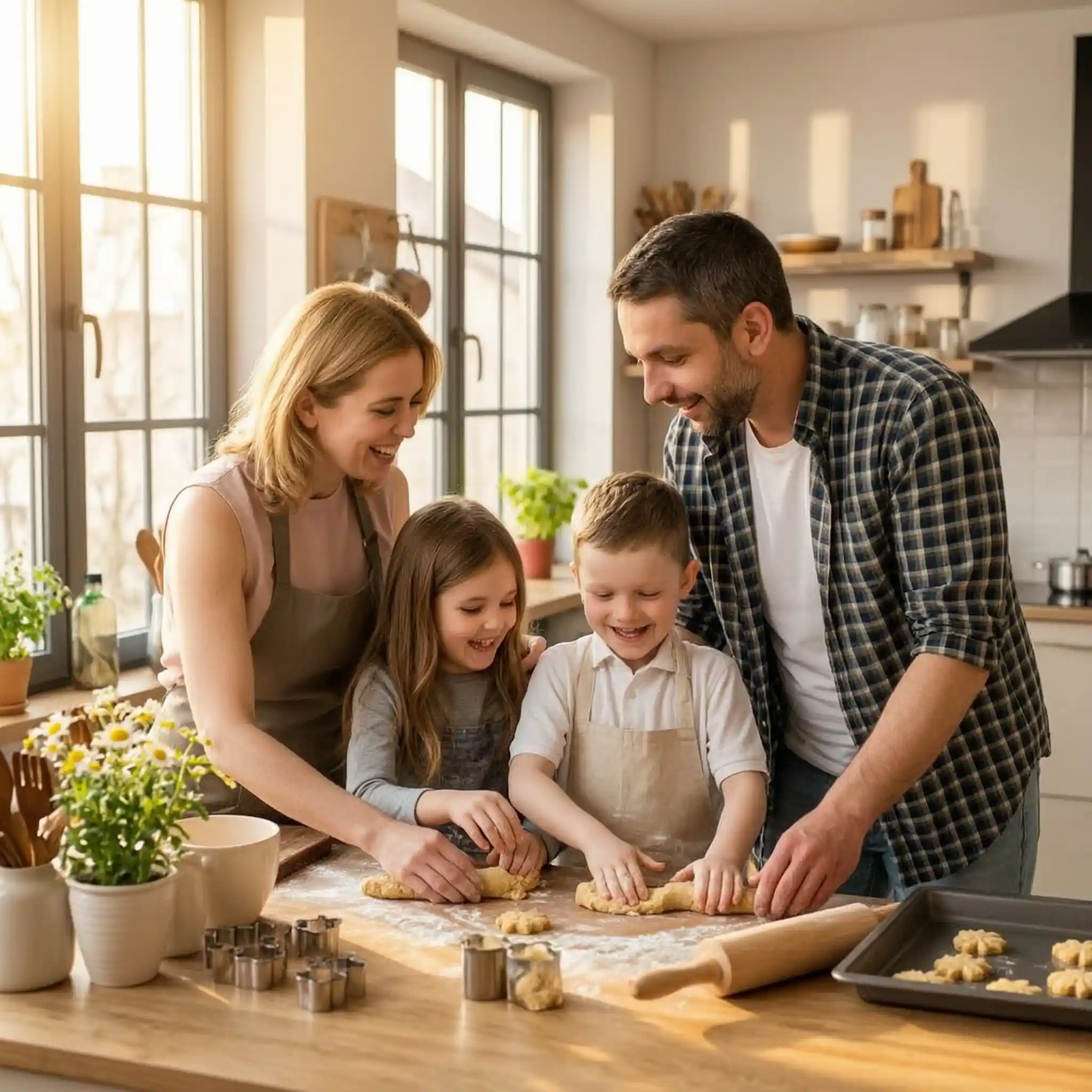 Candid Home Moment image of parents and two young children baking cookies