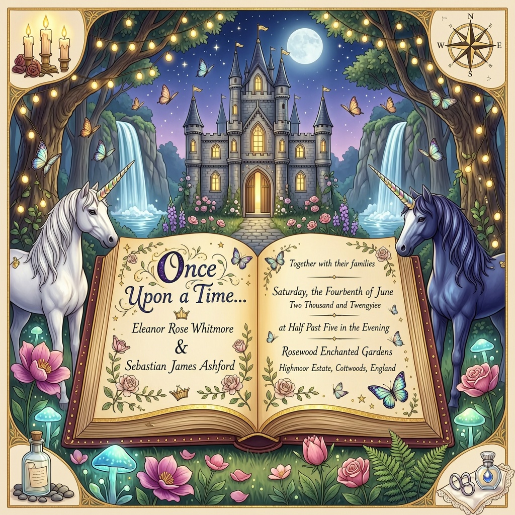 Fairytale wedding invitation with an enchanted castle and magical storybook design.