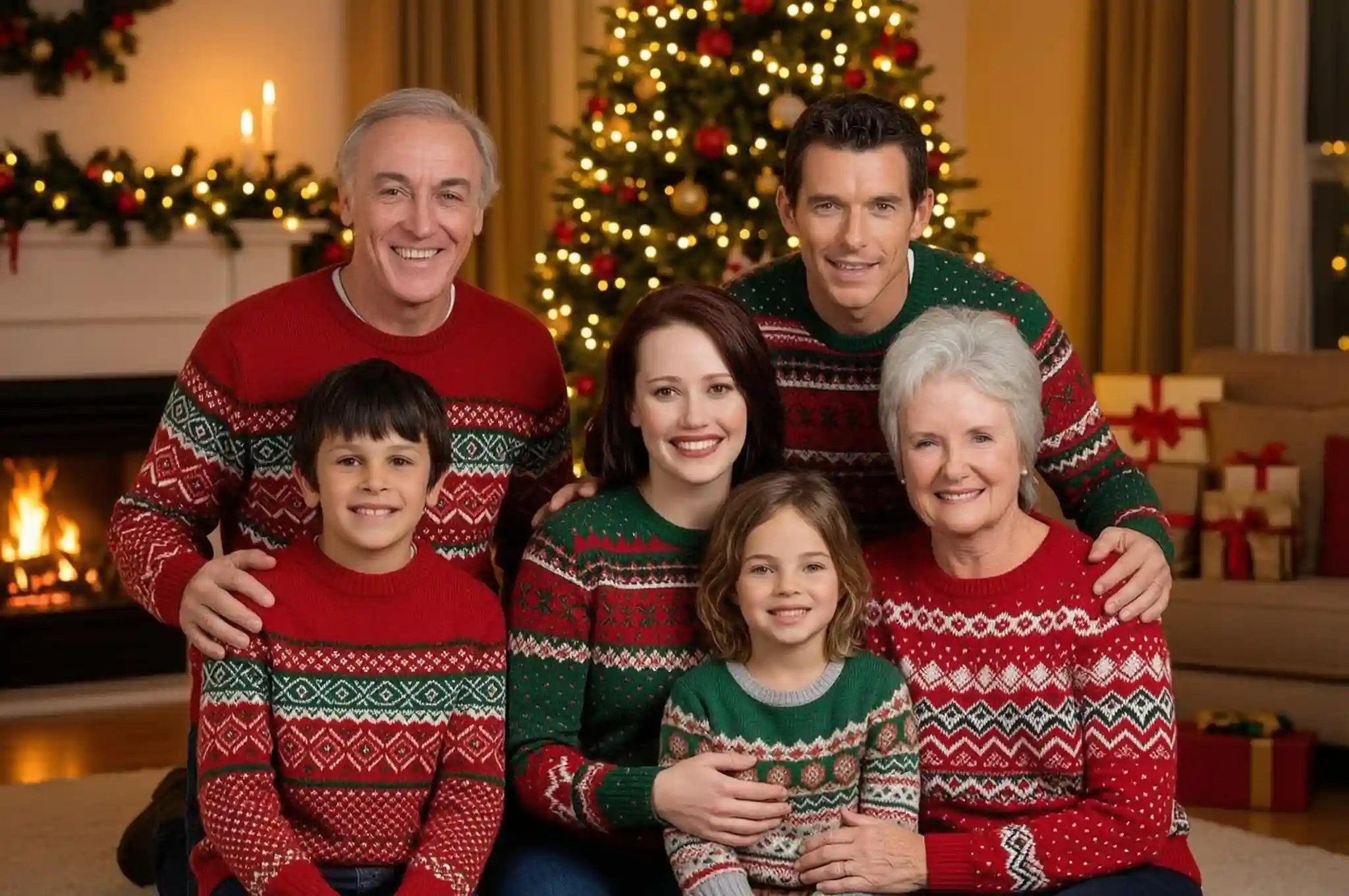 Festive Holiday Family image of parents, two children, and grandparents